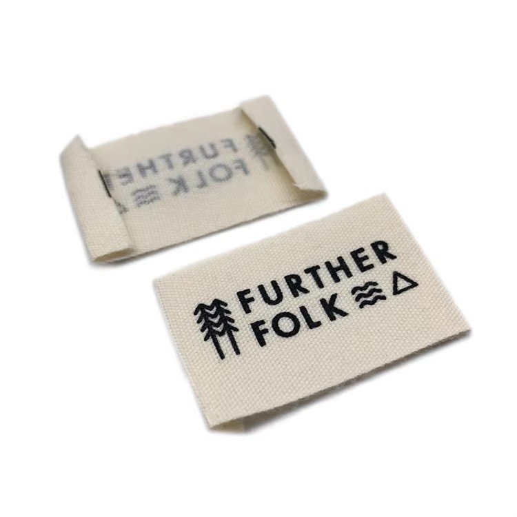 Old Way End Fold Brand Name Print Cotton Labels Custom Cotton Fabric Brand Labels