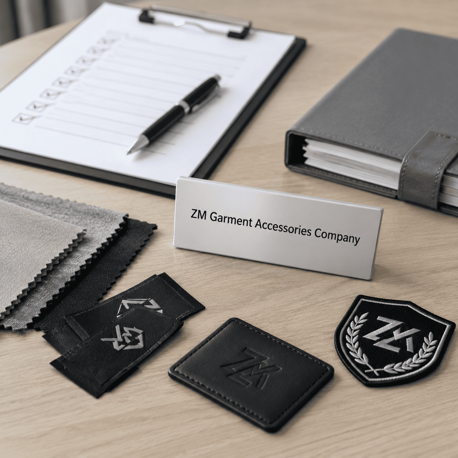 Zhun Ming Trim team reviewing custom woven label samples with client specifications
