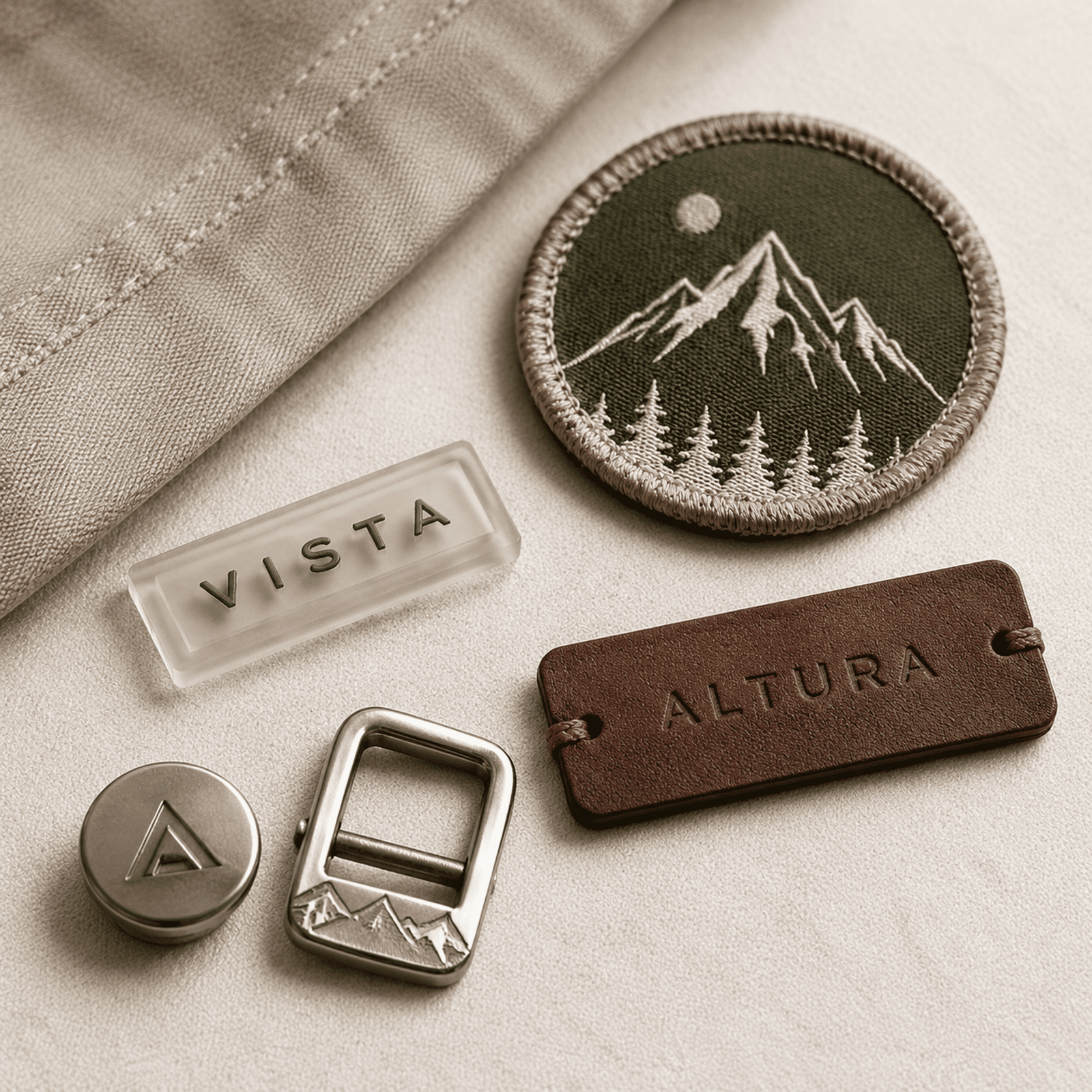 Fashion designer accessories -- embroidery patches, leather labels, and custom buttons