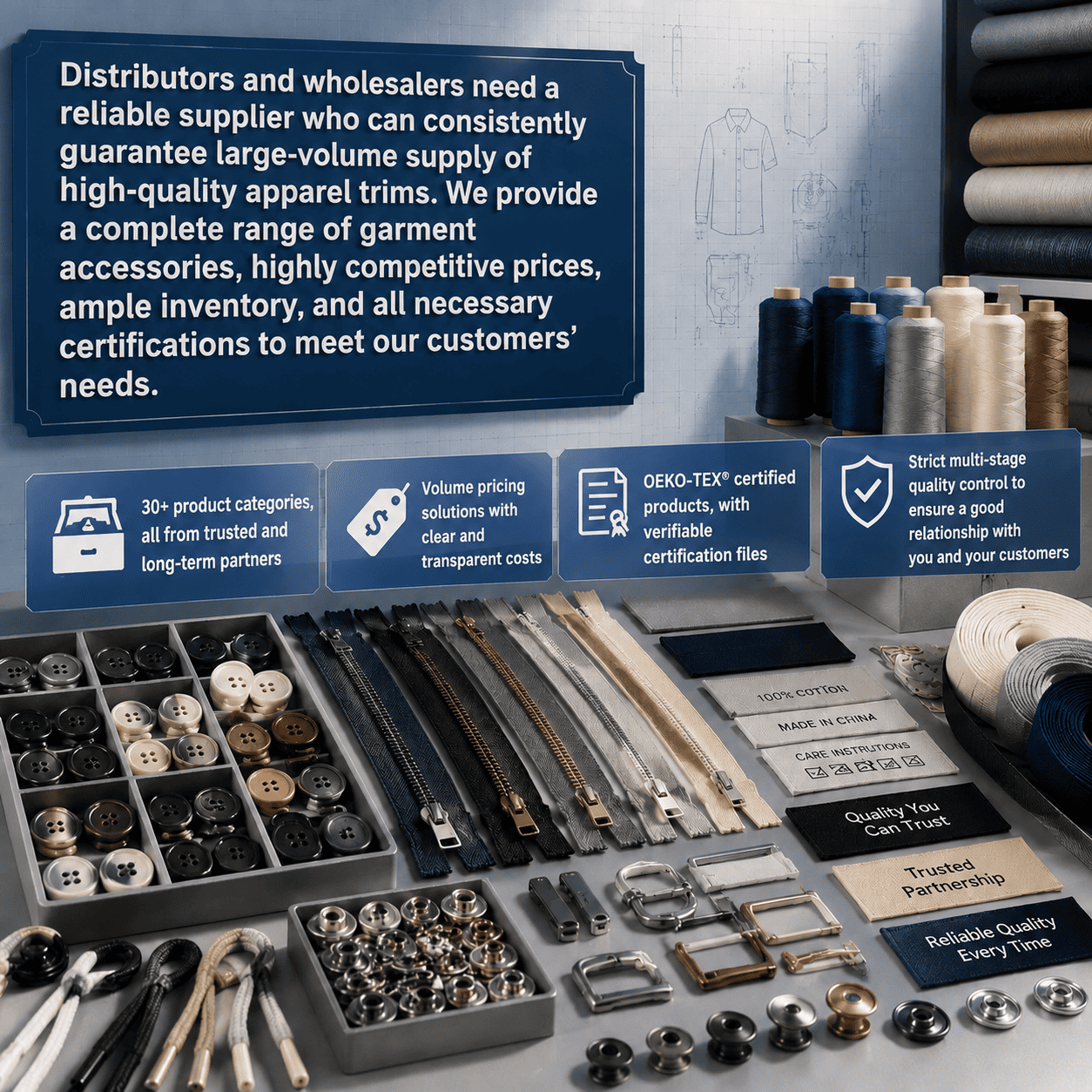 Accessories wholesaler bulk garment trims -- zippers, buttons, elastic tapes and labels