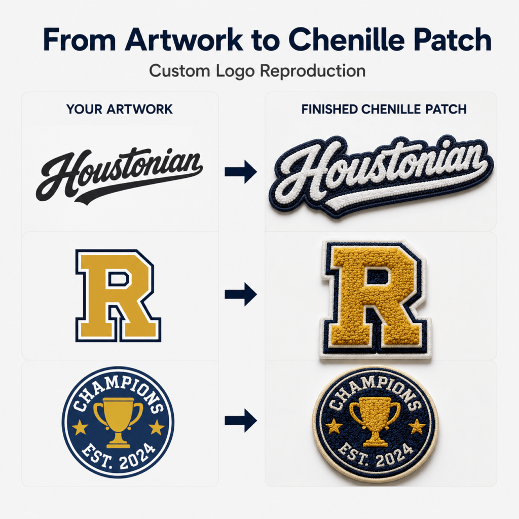 Custom Embroidered Patches 3D Logo Designs Chenille Embroidery Patch Iron on Sew on Letter Badge for Clothing Hat Bag