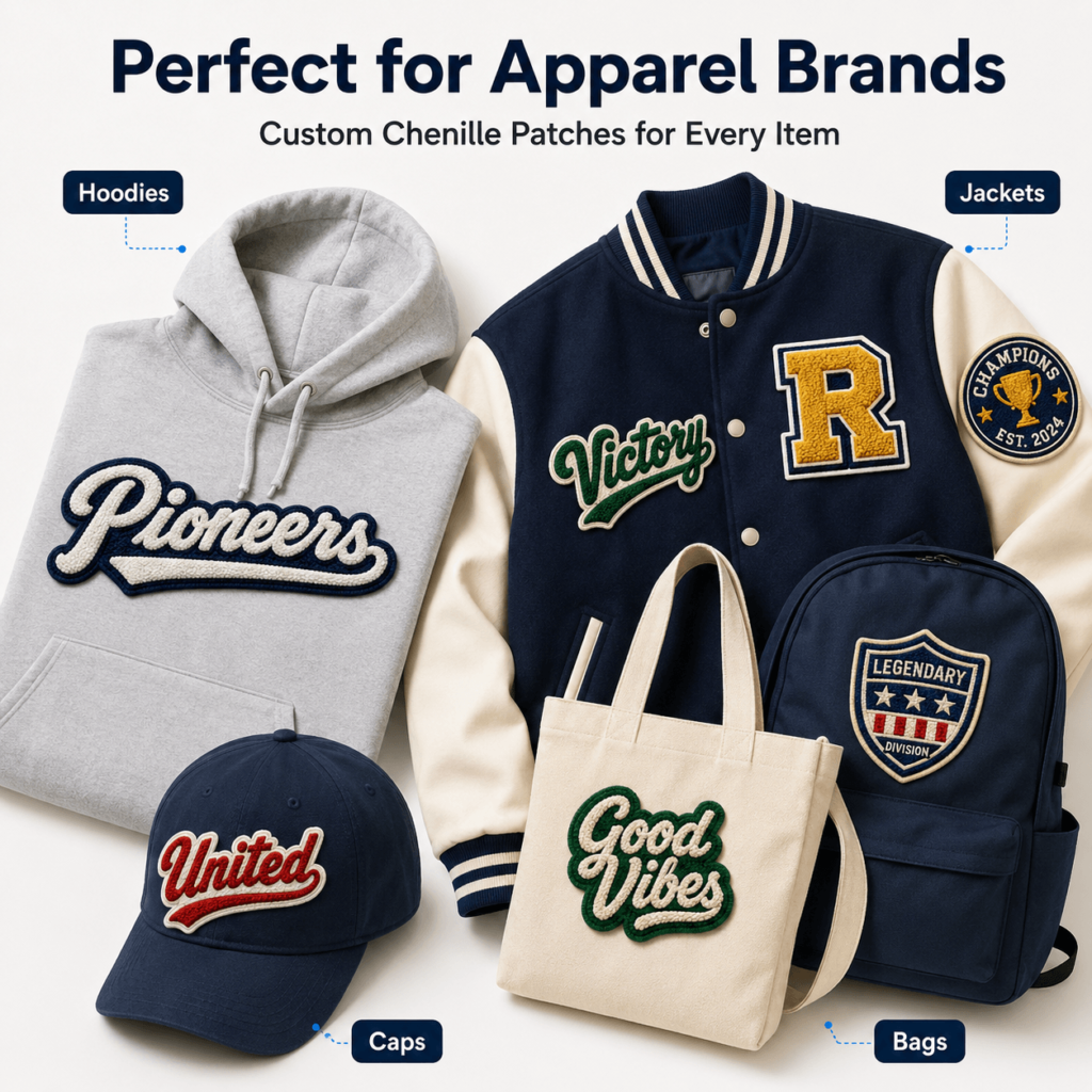 Custom Embroidered Patches 3D Logo Designs Chenille Embroidery Patch Iron on Sew on Letter Badge for Clothing Hat Bag