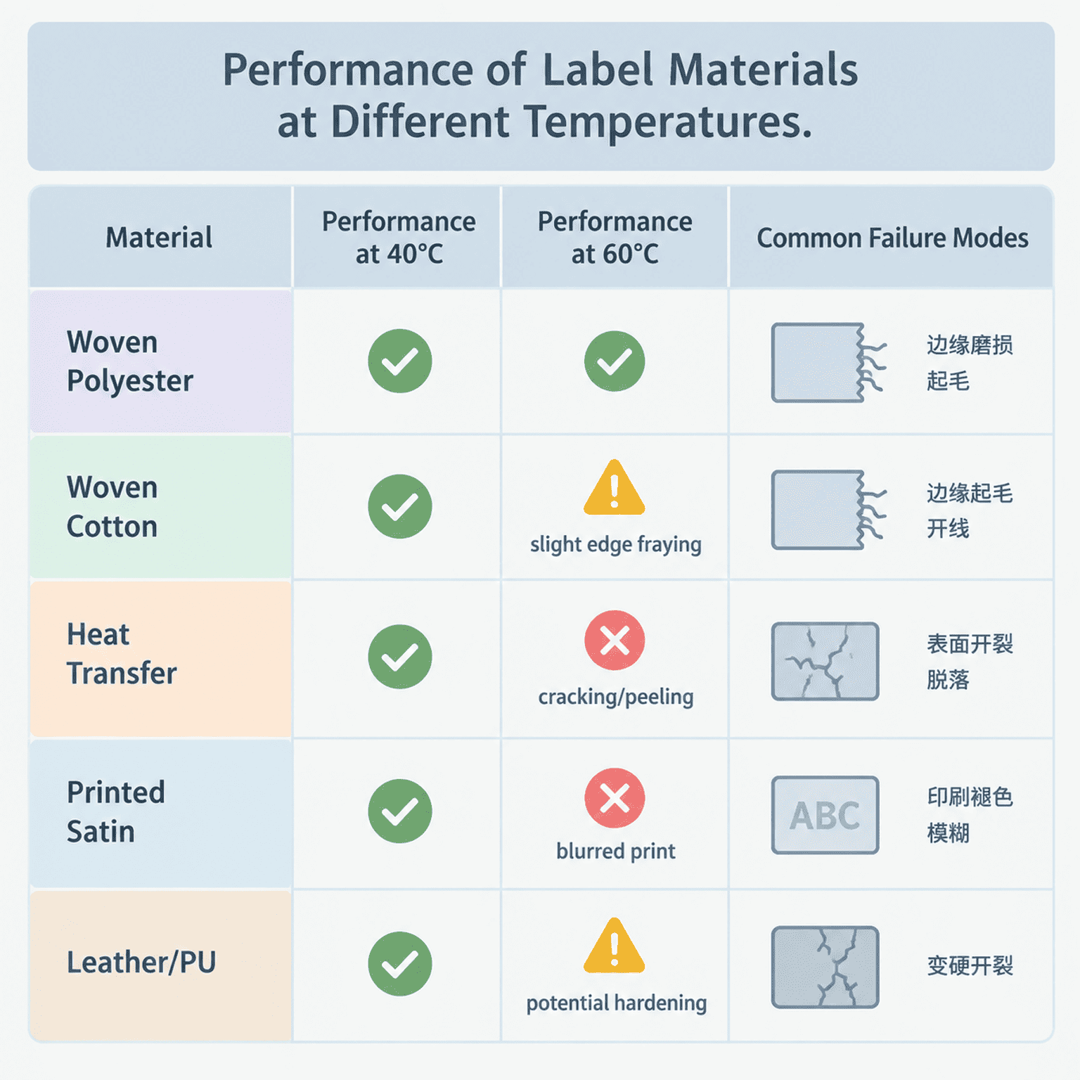 label material failure modes at high washing temperatures